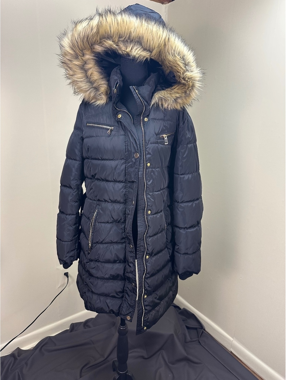 Halitech Black Quilted Belted Jacket XL Faux Fur Trim Detachable Hood NWOT